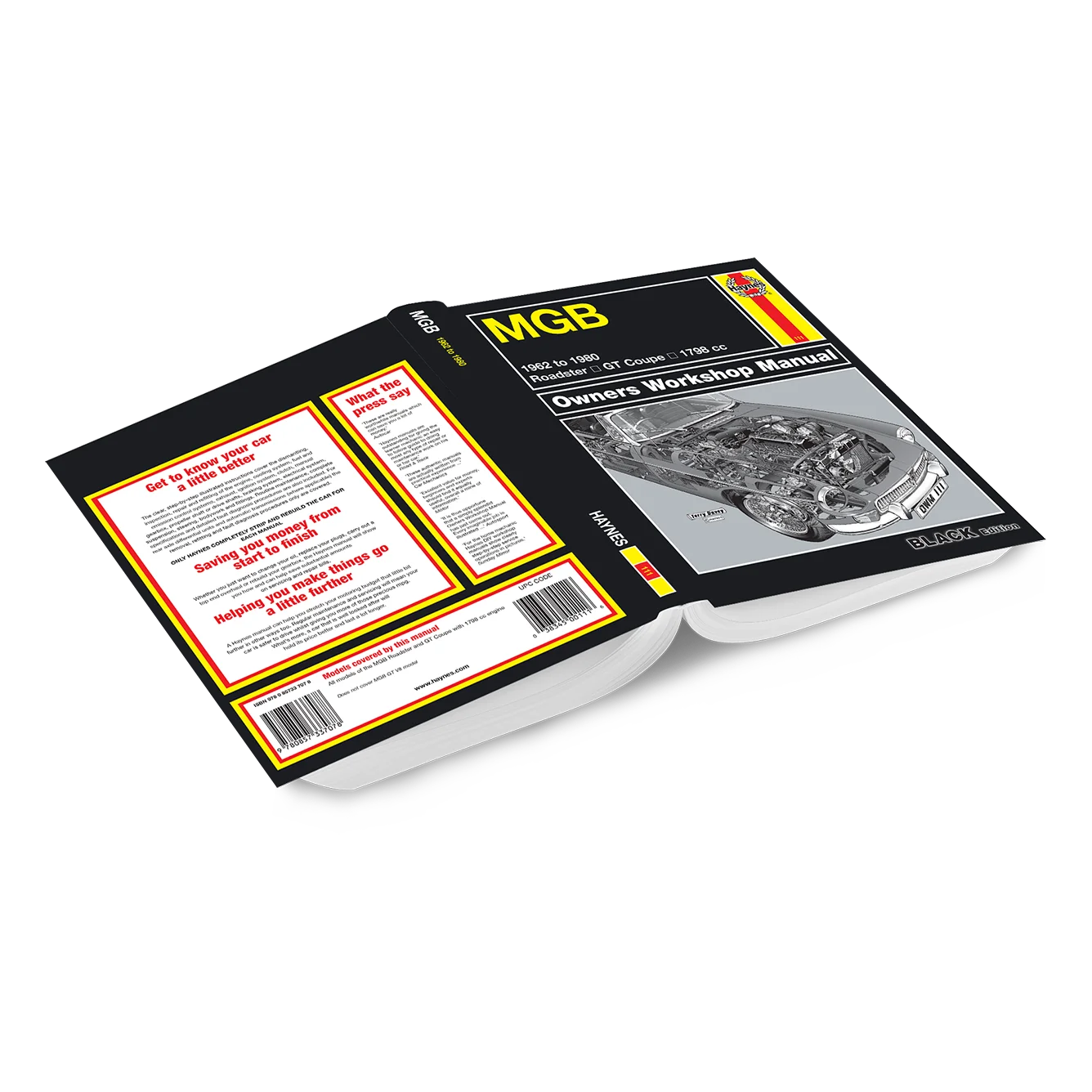 An open MGB Owners Workshop Manual book showing the black cover with yellow text and a grayscale engine diagram, alongside the back cover with white text panels, on a white background.