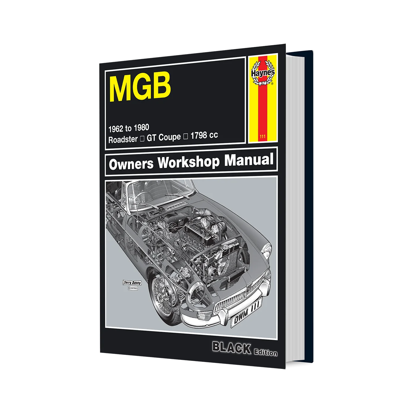MGB Owners Workshop Manual book cover shown at a slight angle on a plain white background. The cover is predominantly black with yellow, white, and gray text and graphics, including a cutaway illustration of an MGB car engine and body.