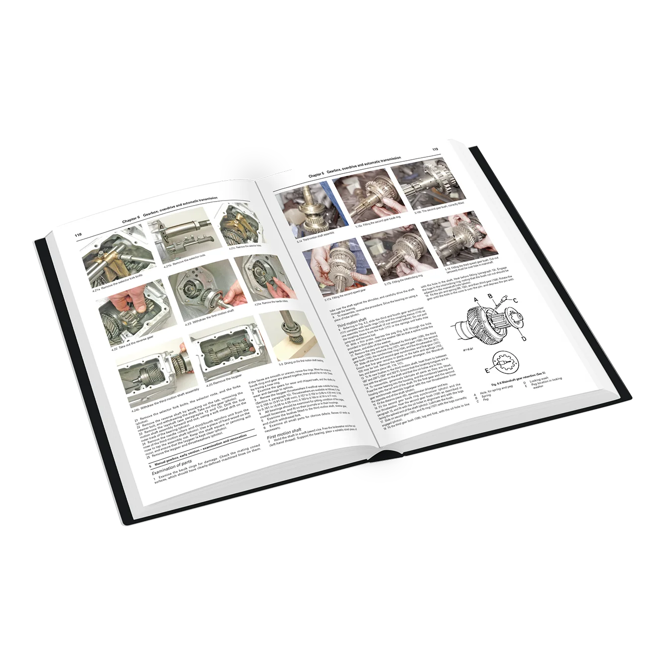 An open technical book showing printed pages with multiple small photos, text, and a black-and-white mechanical diagram, photographed on a clean white background.
