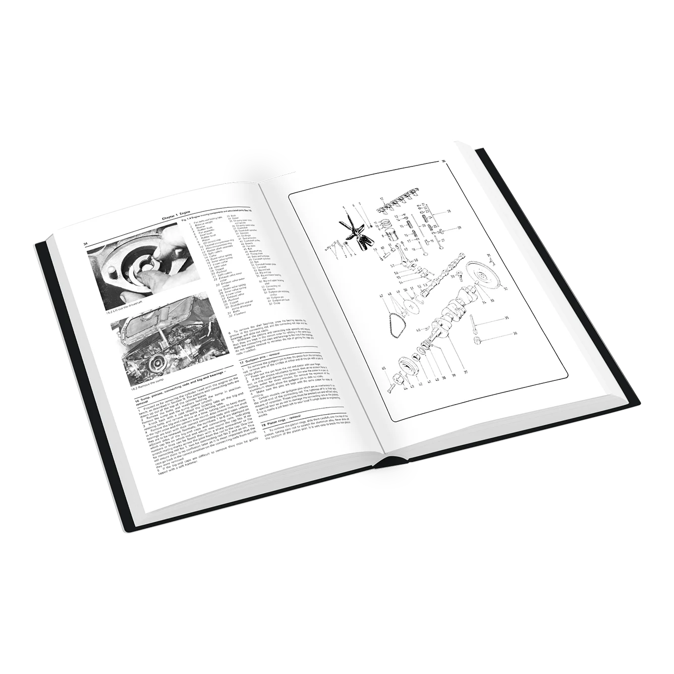 An open hardcover manual or book showing printed technical diagrams and text pages, photographed on a clean white background.