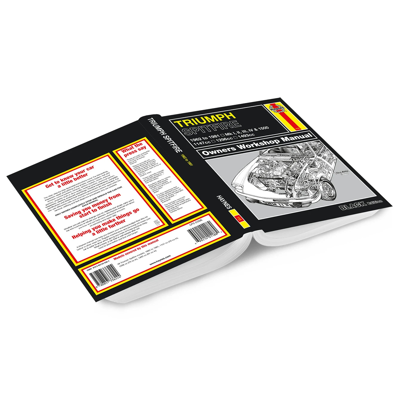A hardcover book shown open at an angle on a plain white background. The cover and inner pages are predominantly black with yellow and red border accents, and the front cover includes the text 'Triumph Bikes' and 'Owners Workshop Manual' along with a grayscale technical motorcycle illustration.