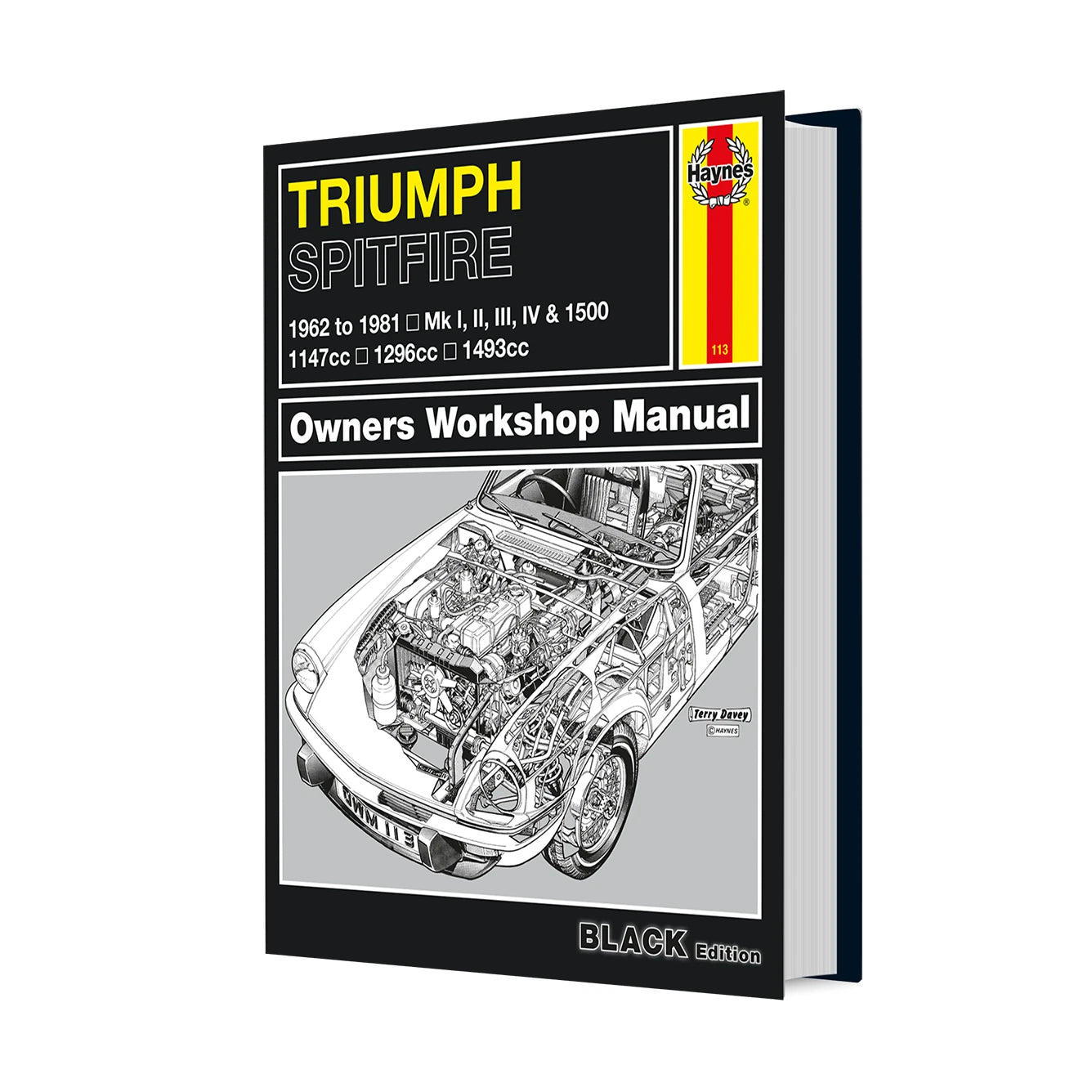 Triumph Spitfire Owners Workshop Manual book cover shown as a 3D product mockup on a white background. The cover is primarily black with yellow and white text, and features a detailed black-and-white cutaway illustration of a car engine.