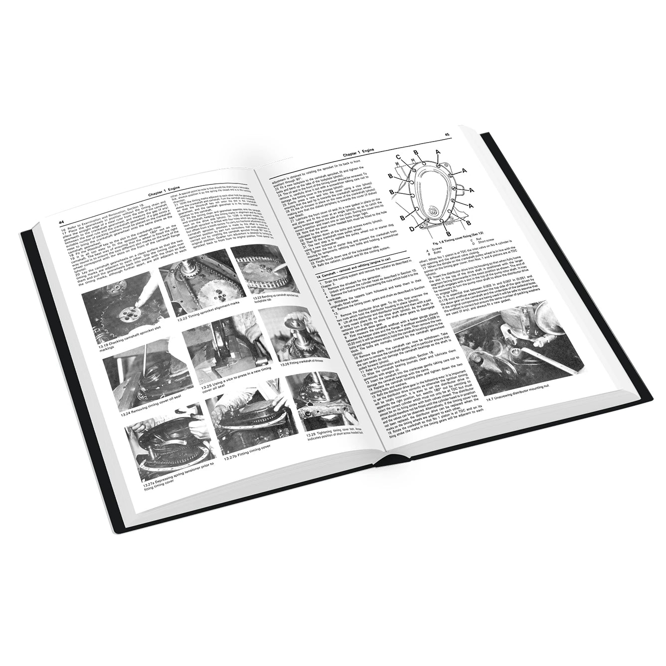 An open hardcover book showing two printed pages with black-and-white instructional text, diagrams, and small photos, photographed on a clean white background.