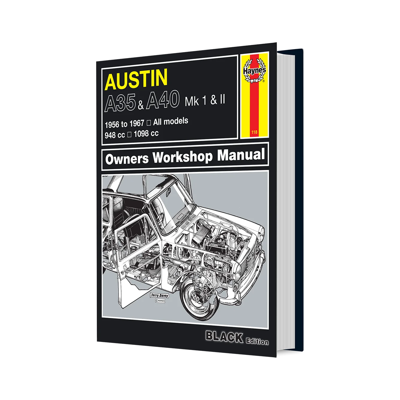A35 & A40 Mk I & II Austin Owners Workshop Manual book by Haynes, featuring a black cover with yellow and white text and a detailed cutaway illustration of a car engine and chassis.