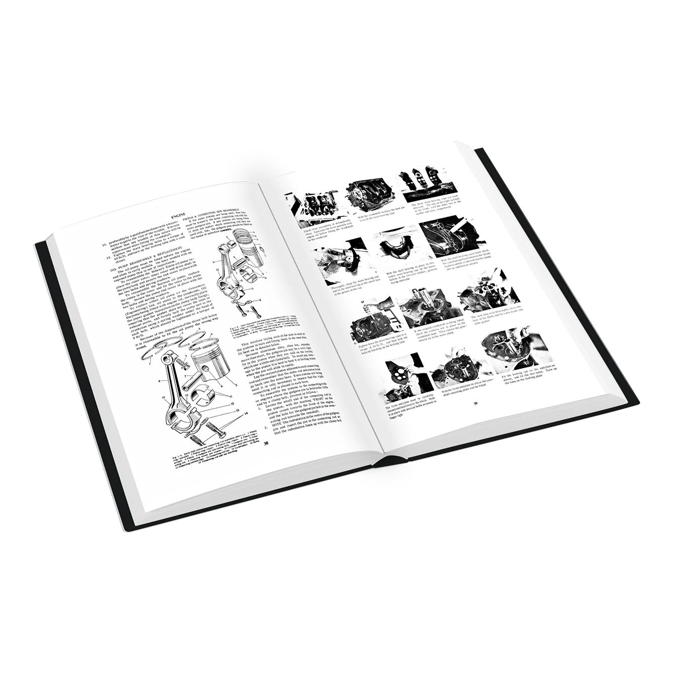 An open hardcover book showing printed technical diagrams and small black-and-white photographs on white pages, photographed on a clean white background.