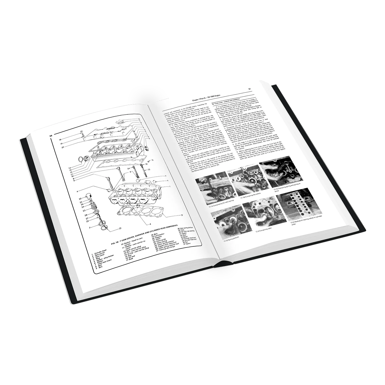 An open hardcover book showing printed technical diagrams and text pages, photographed on a clean white background.