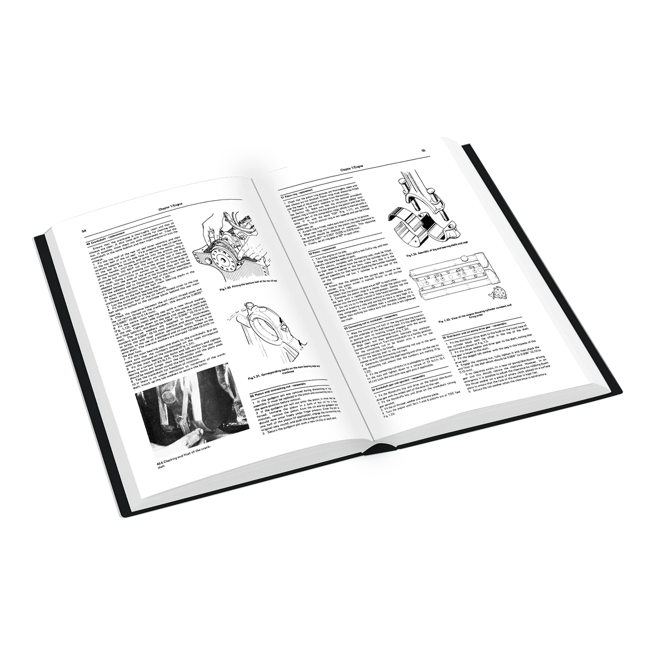 An open hardcover book showing two spread pages with black-and-white technical illustrations and blocks of text, photographed on a clean white background.