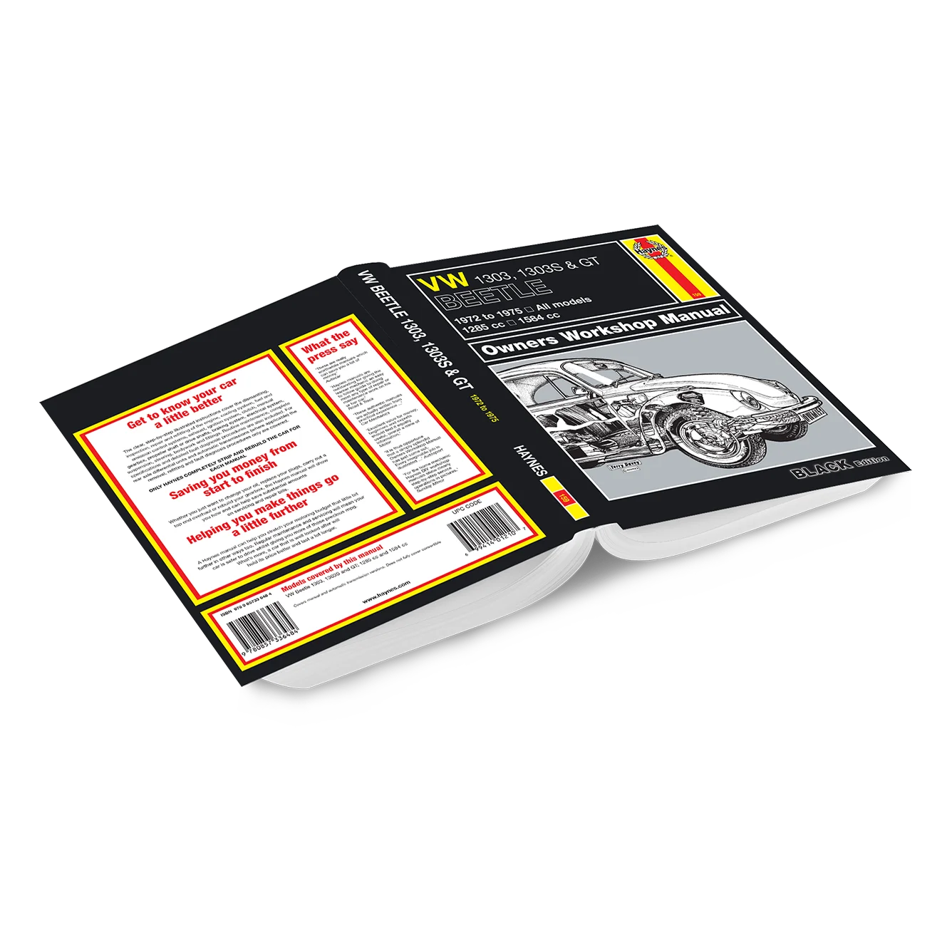 A hardcover workshop manual book shown open at an angle on a white background, with the front cover and back cover visible. The cover is predominantly black with yellow and white text and graphics, including a grayscale car illustration and a small VW logo.