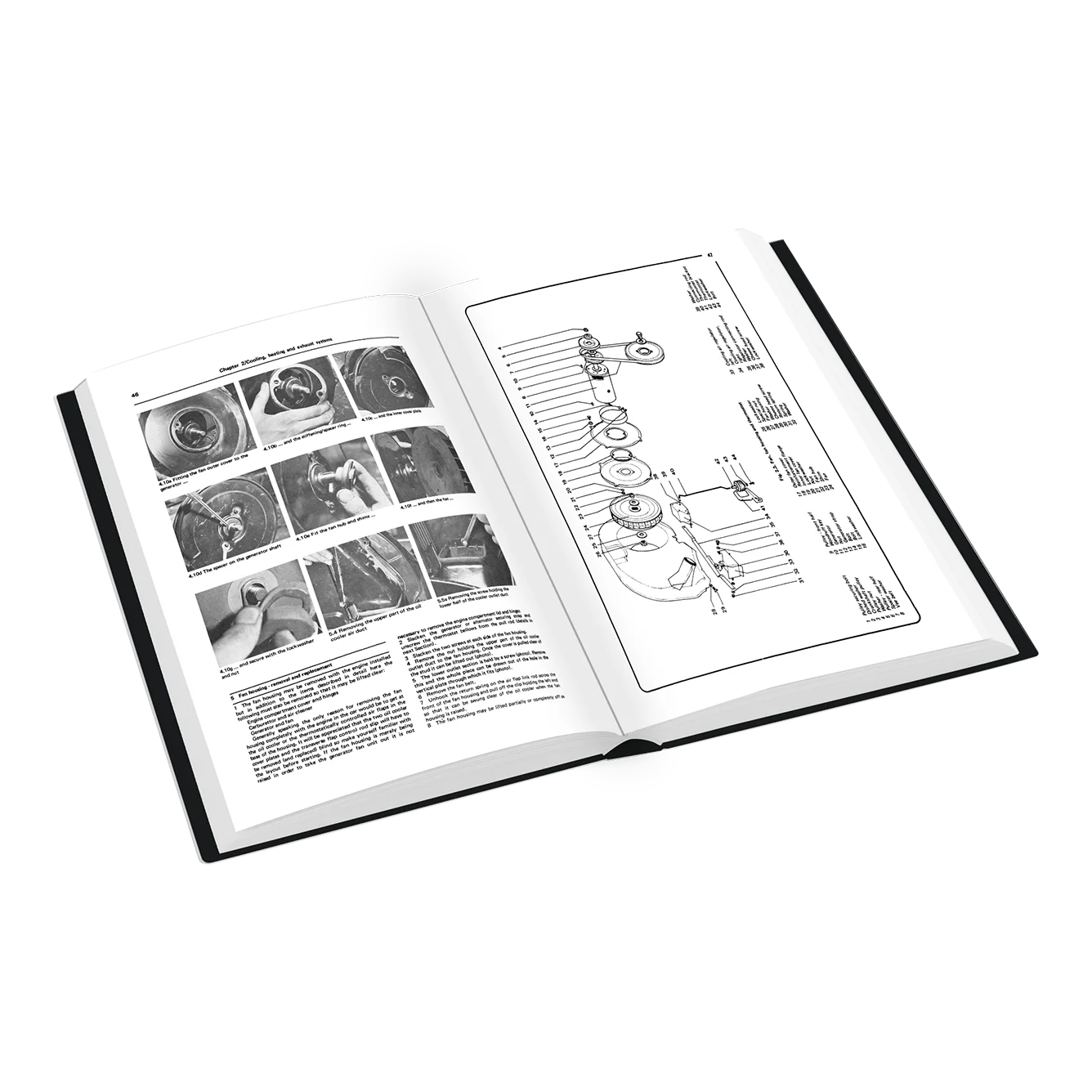 An open hardcover book showing a black-and-white mechanical diagram on the right page and several small photos with text on the left page, photographed on a clean white background.