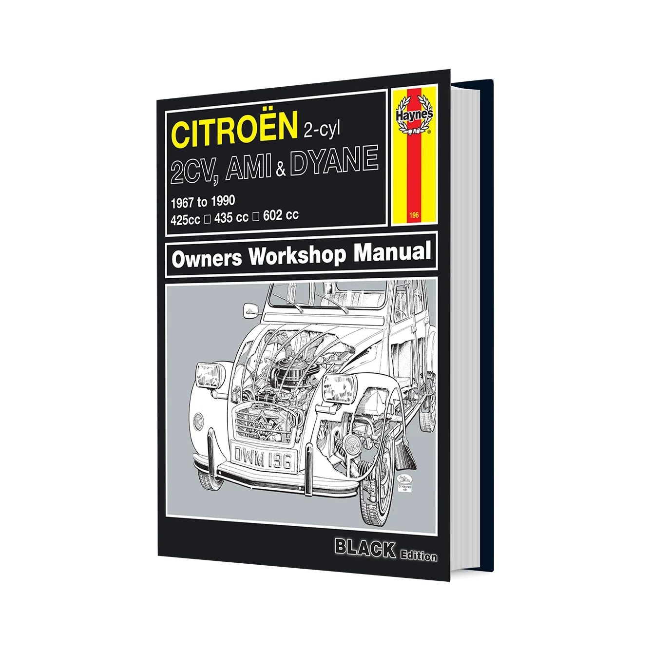 Citroèn 2-cyl Owners Workshop Manual book cover shown at a slight angle on a plain white background. The cover is predominantly black with yellow, white, and red text and a grayscale cutaway illustration of a Citroèn car engine.