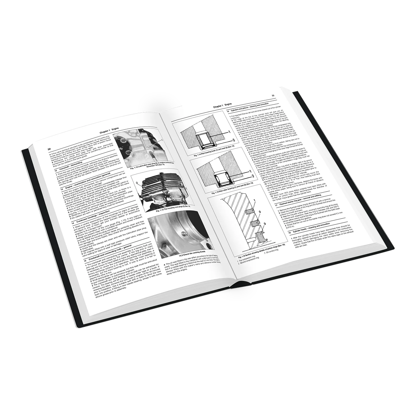 An open hardcover book with black-and-white technical pages, shown at an angle on a clean white background.