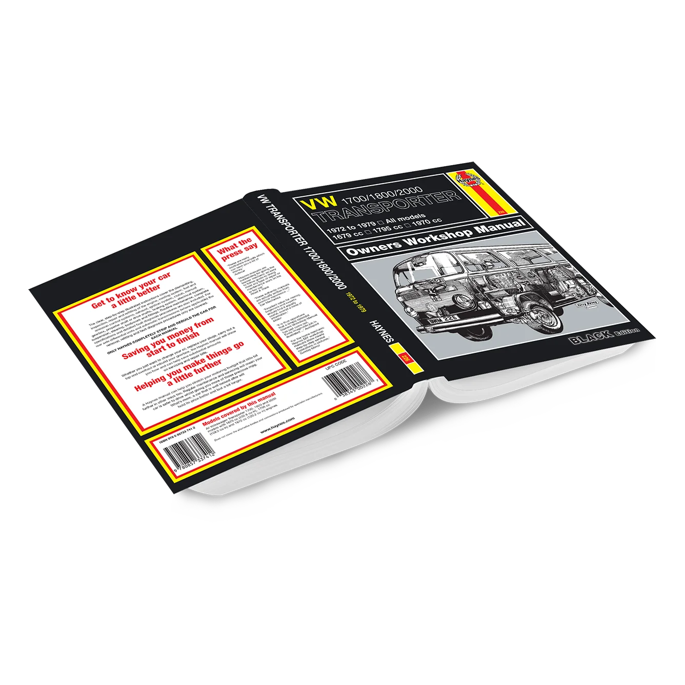 An open hardcover book showing the front cover, spine, and back cover of a VW T5/T6 Workshop Manual, displayed on a clean white background.