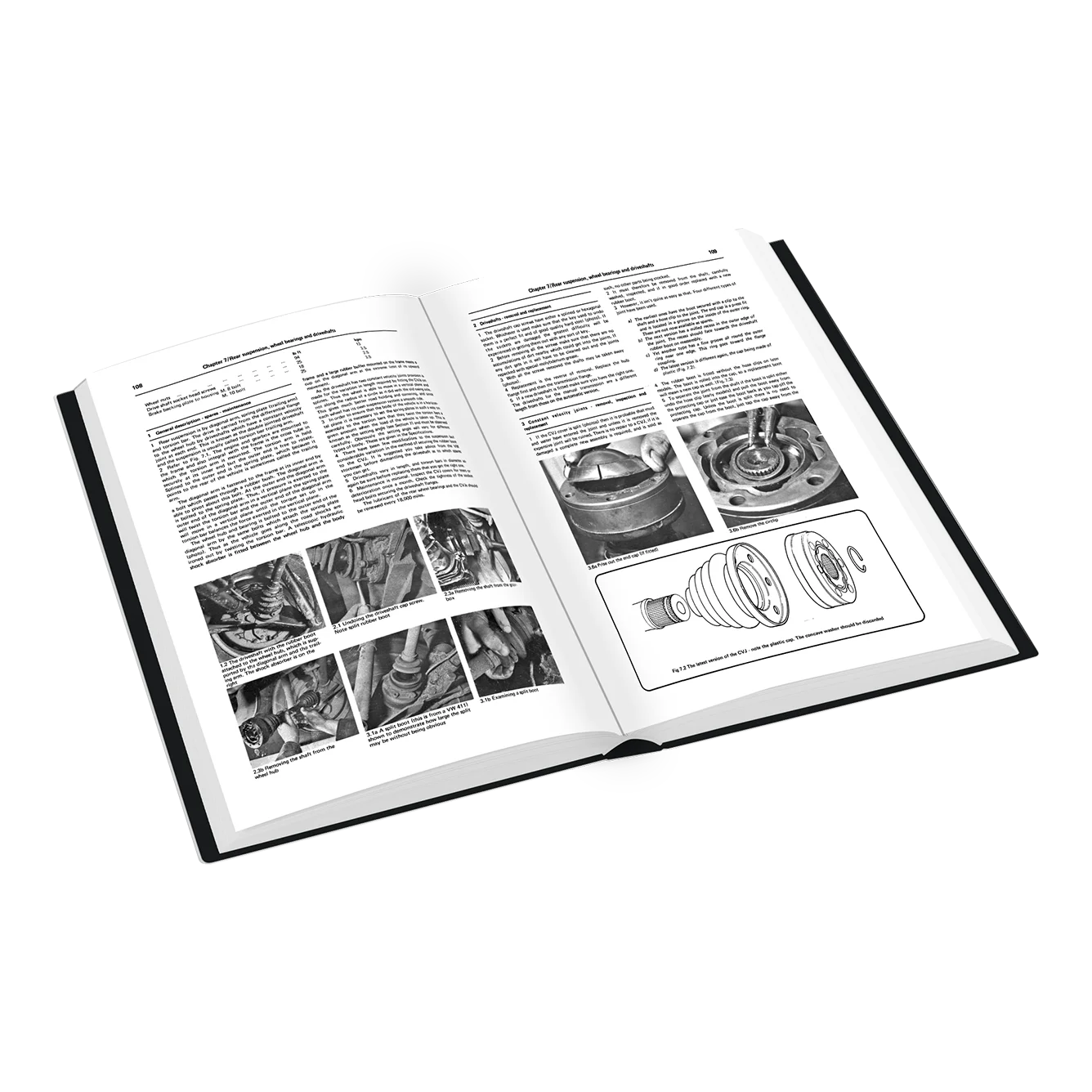 An open technical book showing printed text, small black-and-white photos, and a cross-sectional diagram on the pages, photographed on a plain white background.