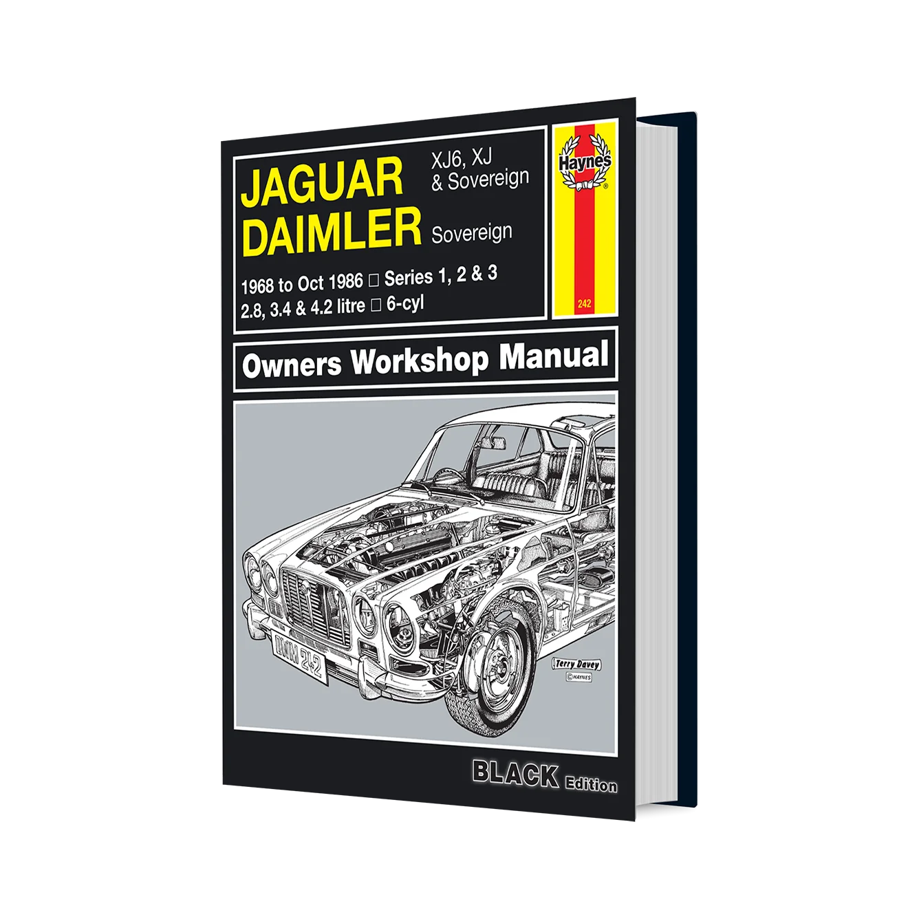 A hardcover workshop manual book for Jaguar Daimler Sovereign, shown at a slight angle on a plain white background. The cover is predominantly black with a large yellow title block, a red and yellow Haynes logo, and a grayscale cutaway illustration of the car engine and body.