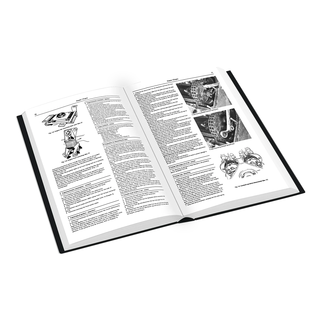An open hardcover book showing printed technical pages with text, small diagrams, and black-and-white photos, photographed on a clean white background.
