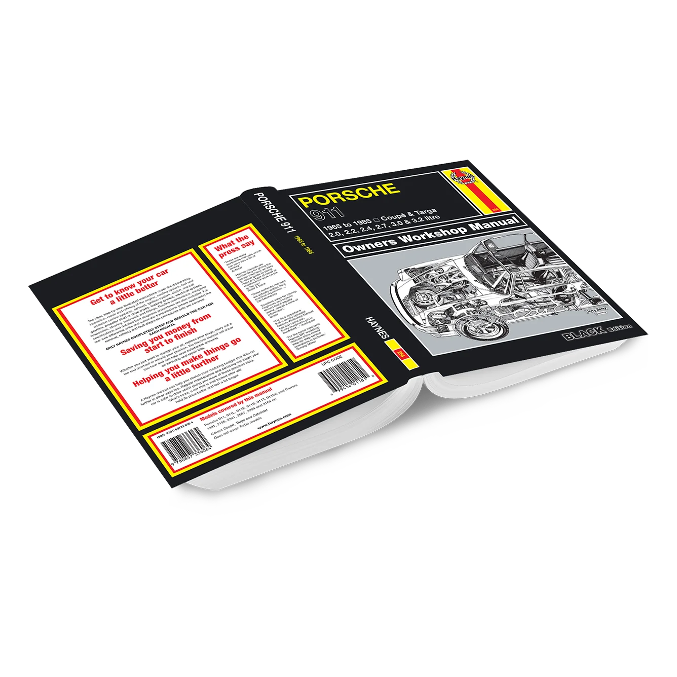 Porsche 911 Owners Workshop Manual book shown open, displaying the black cover with yellow and red accents, the detailed engine diagram on the right page, and the back cover with text and barcodes on the left page, set against a plain white background.