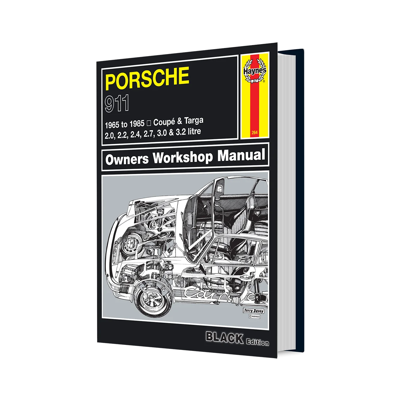 A hardcover workshop manual book for a Porsche 911, shown at a slight angle on a plain white background. The cover is predominantly black with yellow and white text, a red and yellow Haynes logo, and a grayscale cutaway illustration of the car's engine and interior.