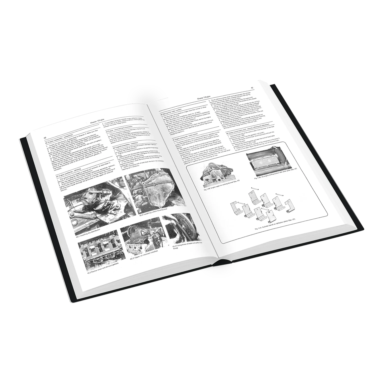 An open hardcover book displaying detailed black-and-white technical pages with text, component photos, and schematic diagrams, set against a plain white background.