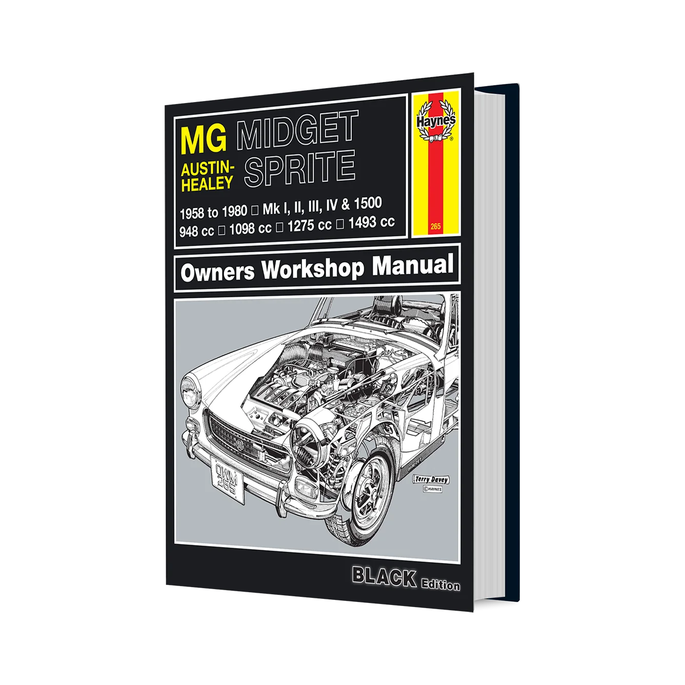 A hardcover book titled 'MG Midget Sprite Owners Workshop Manual' shown at a slight angle on a plain white background. The cover is predominantly black with yellow, white, and red text and graphics, including a cutaway illustration of a car engine and body.