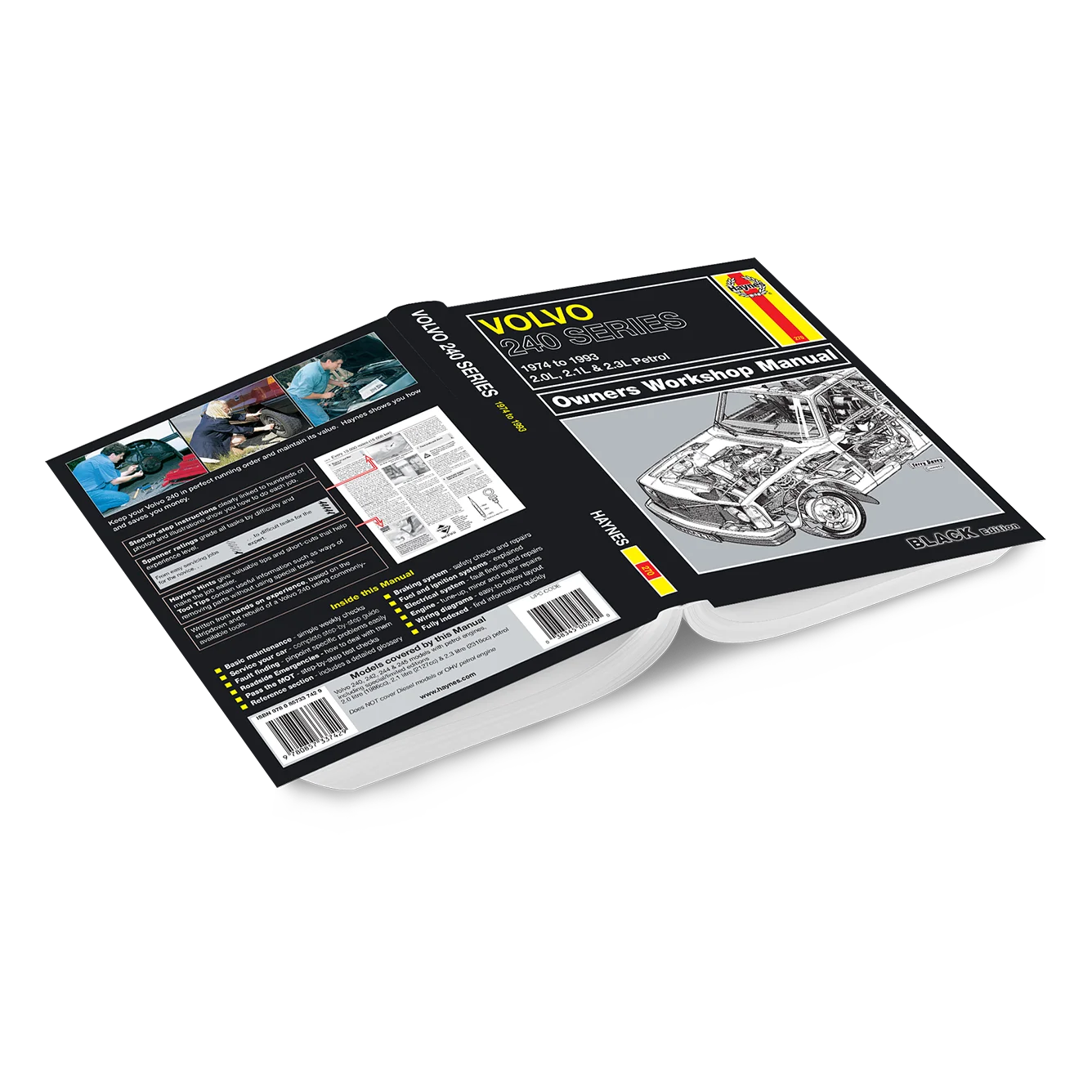 Volvo D6 Diesel Engine Owners Workshop Manual book cover and spine shown open on a white background, featuring black, white, yellow, and red design elements with technical illustrations.