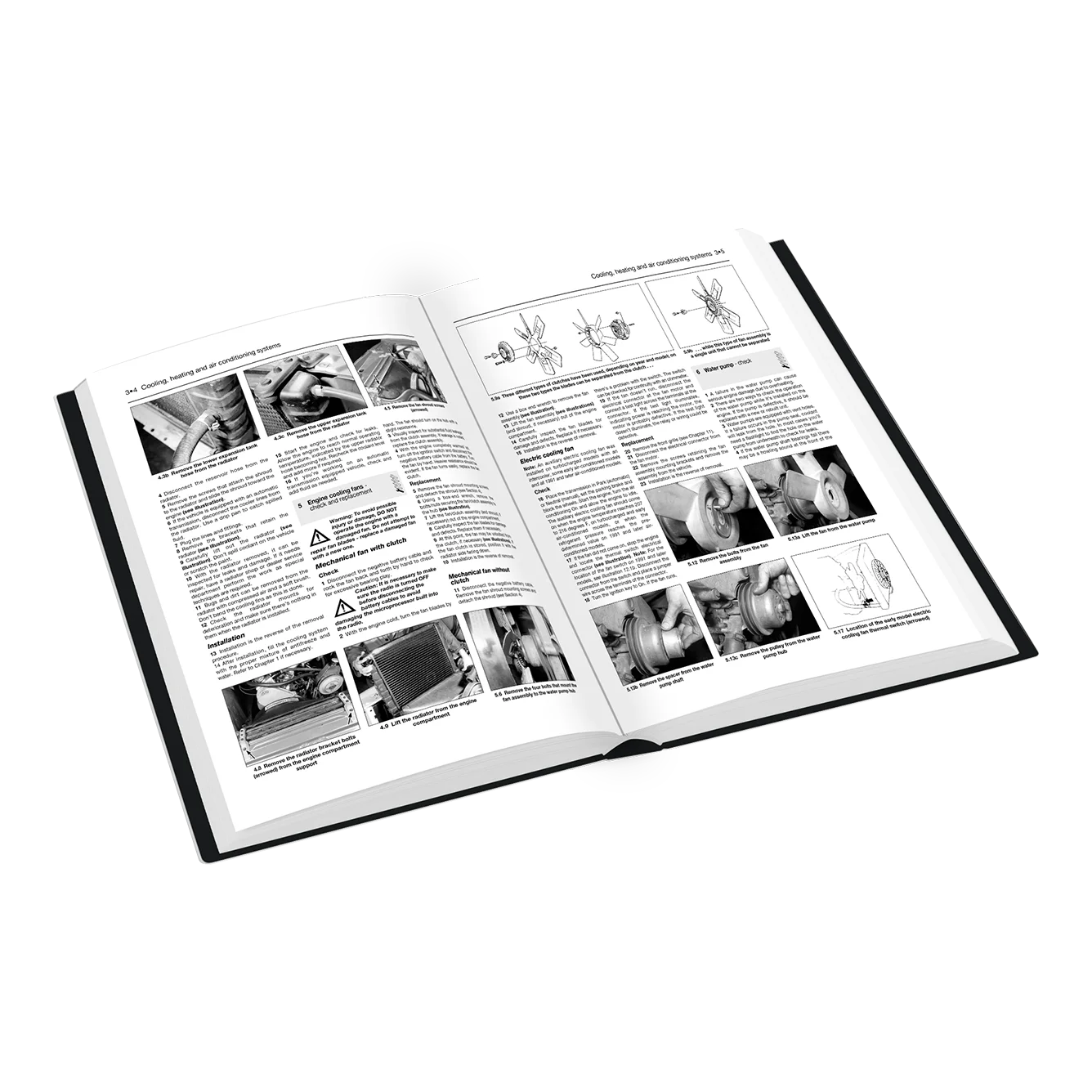 An open hardcover manual or instruction book showing black-and-white technical pages with diagrams and text, photographed on a clean white background.