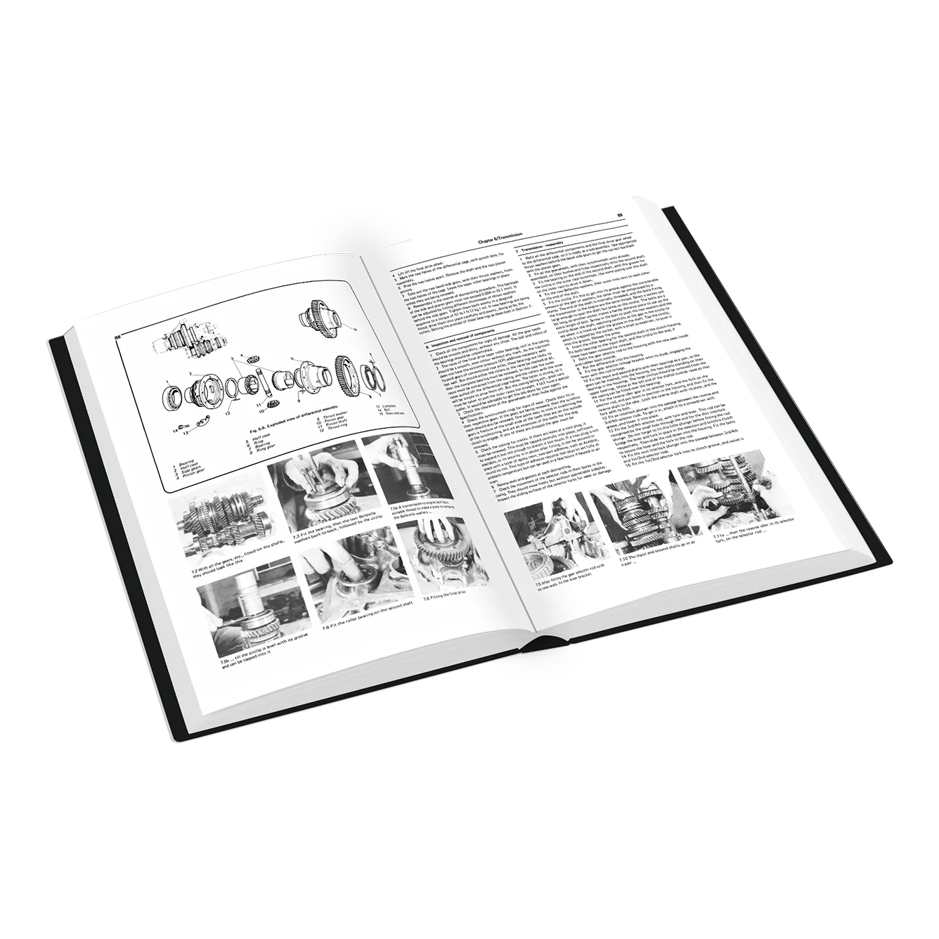 An open hardcover book showing printed technical pages with diagrams, text, and small photos, photographed on a clean white background.
