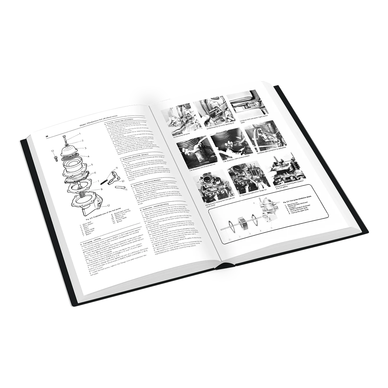 An open hardcover book showing printed pages with a technical exploded diagram on the left and several black-and-white photos and text panels on the right, photographed on a clean white background.