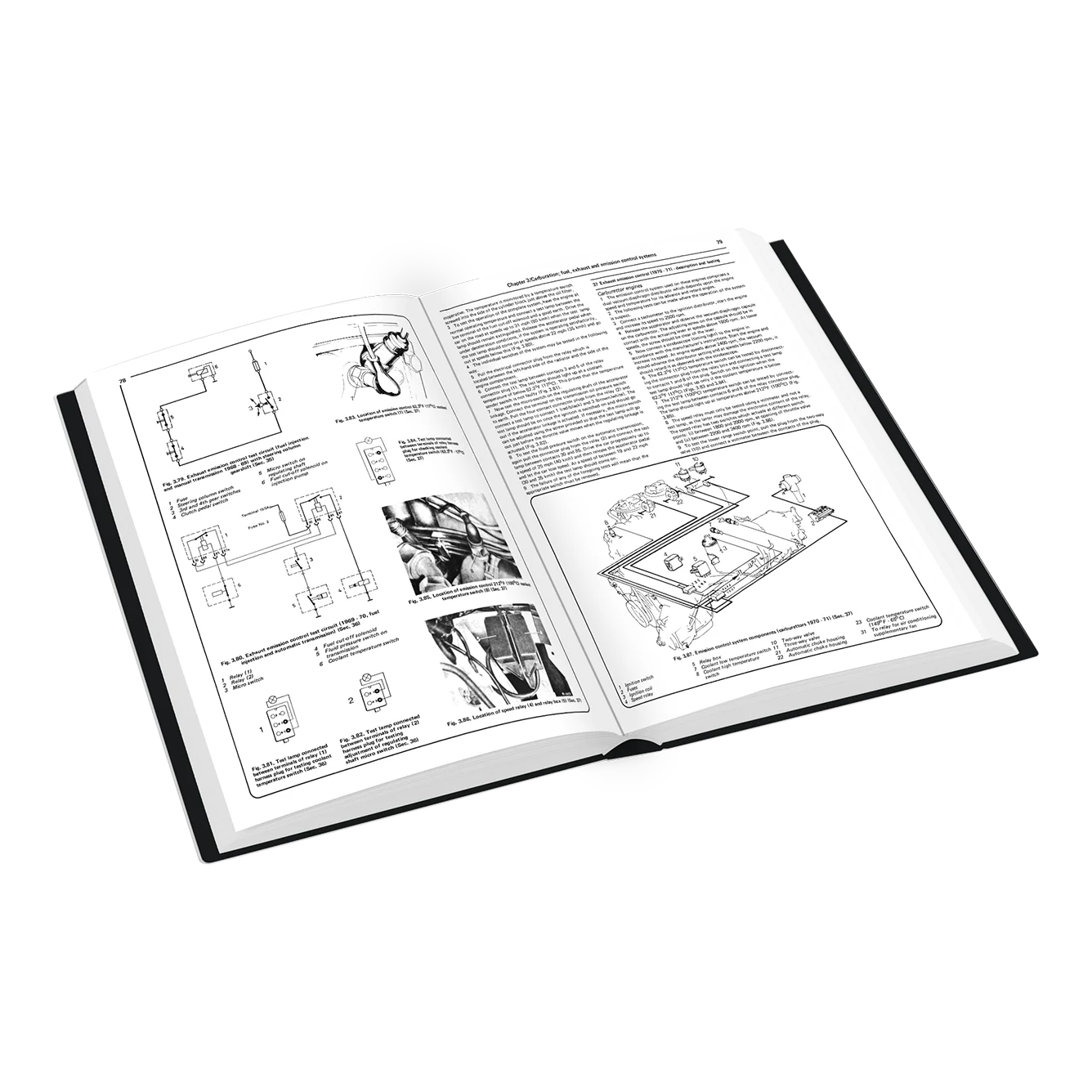 An open hardcover manual or instruction book showing black-and-white technical diagrams and printed text on two pages, photographed on a clean white background.
