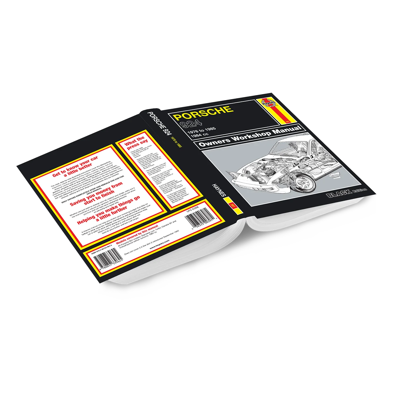 Porsche 911 Owners Workshop Manual book cover shown open, with a black cover, yellow and red accents, and a grayscale car illustration on a white background.