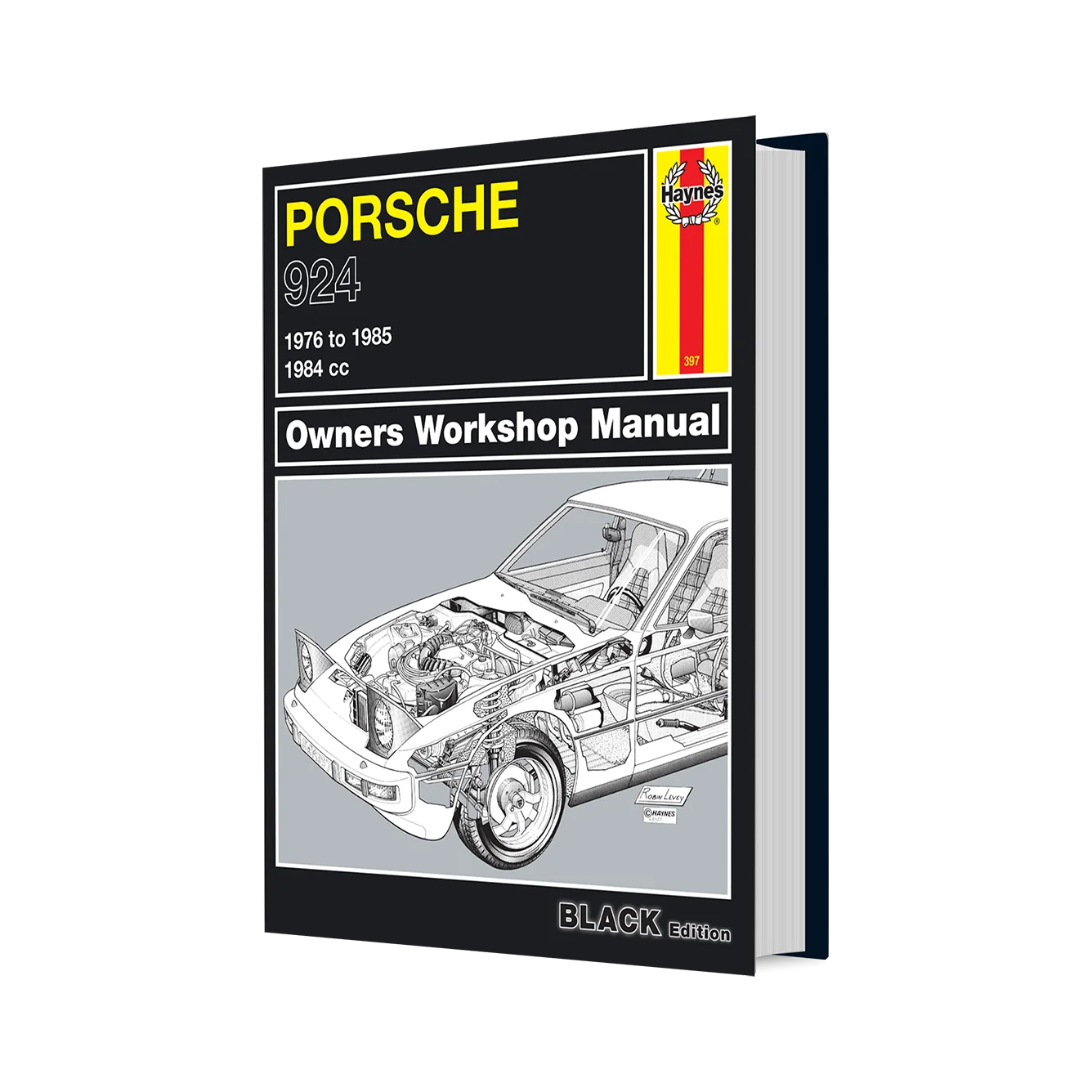Porsche 924 Owners Workshop Manual book cover shown at a slight angle on a white background. The cover is predominantly black with yellow, white, and red text and graphics, including a cutaway illustration of the car engine and chassis.