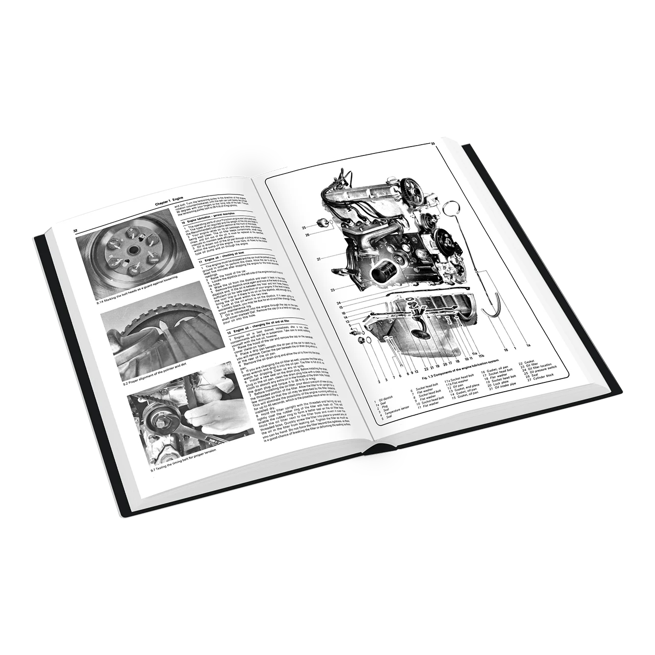 An open hardcover book showing black-and-white technical illustrations and explanatory text, likely an automotive or mechanical reference guide, photographed on a clean white background.