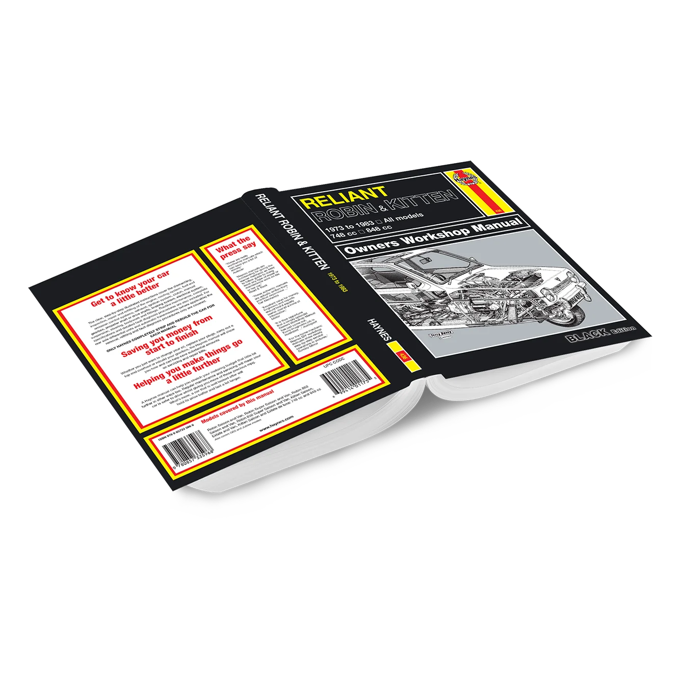 An open hardcover book, shown at an angle, displaying its front cover, inner pages, and back cover. The book is titled 'Reliant Racing Kit Car Owners Workshop Manual' and features a black cover with yellow and red accents, a detailed black-and-white cutaway illustration of a car engine, and a small Union Jack flag on the top right.