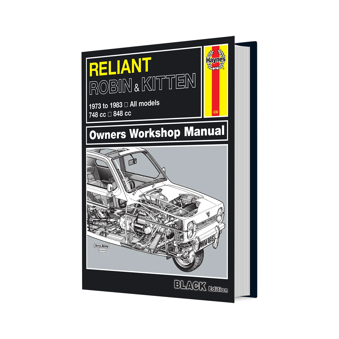A hardcover book titled 'Reliant Robin & Kitten Owners Workshop Manual' shown at a slight angle on a plain white background. The cover is predominantly black with yellow, white, and red text and graphics, including a cutaway illustration of a car.