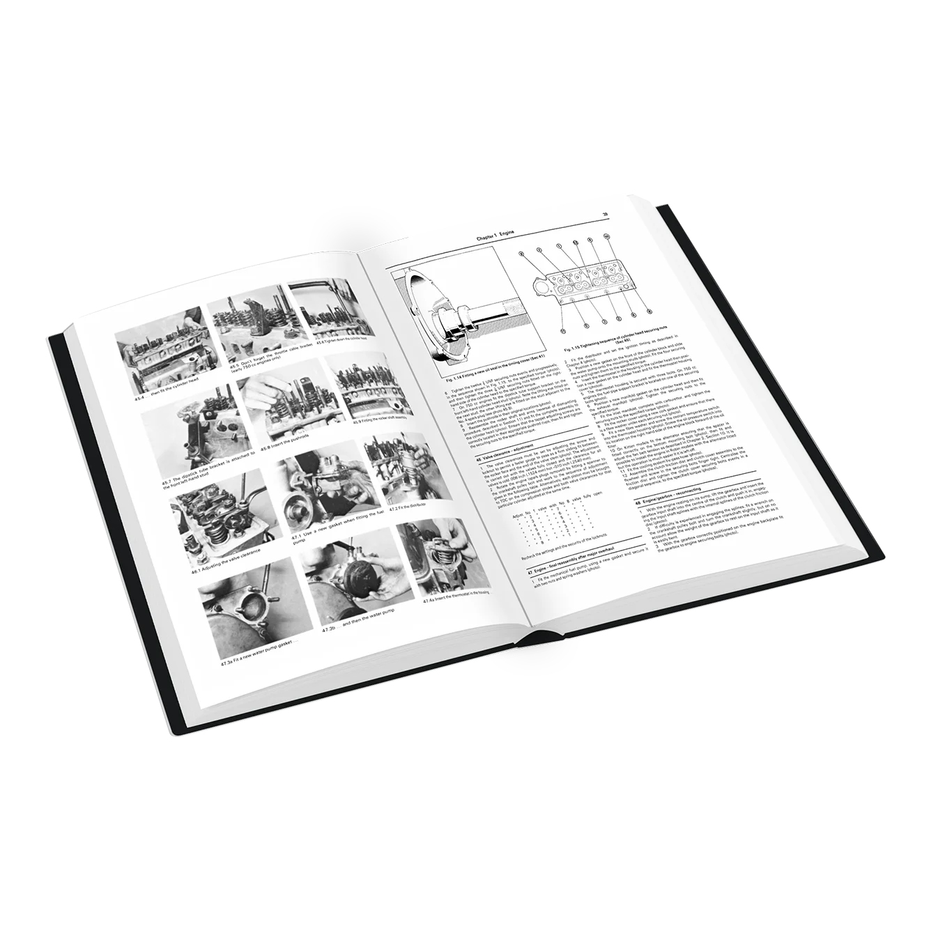 An open hardcover book showing black-and-white printed pages with photographs, text, and a technical-style diagram, photographed on a clean white background.