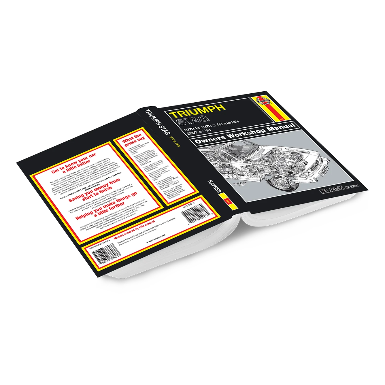 Triumph Bikes Owners Workshop Manual book shown open, displaying the front cover with a black background, yellow and red branding, and a grayscale engine diagram, alongside the back cover with text and a barcode.