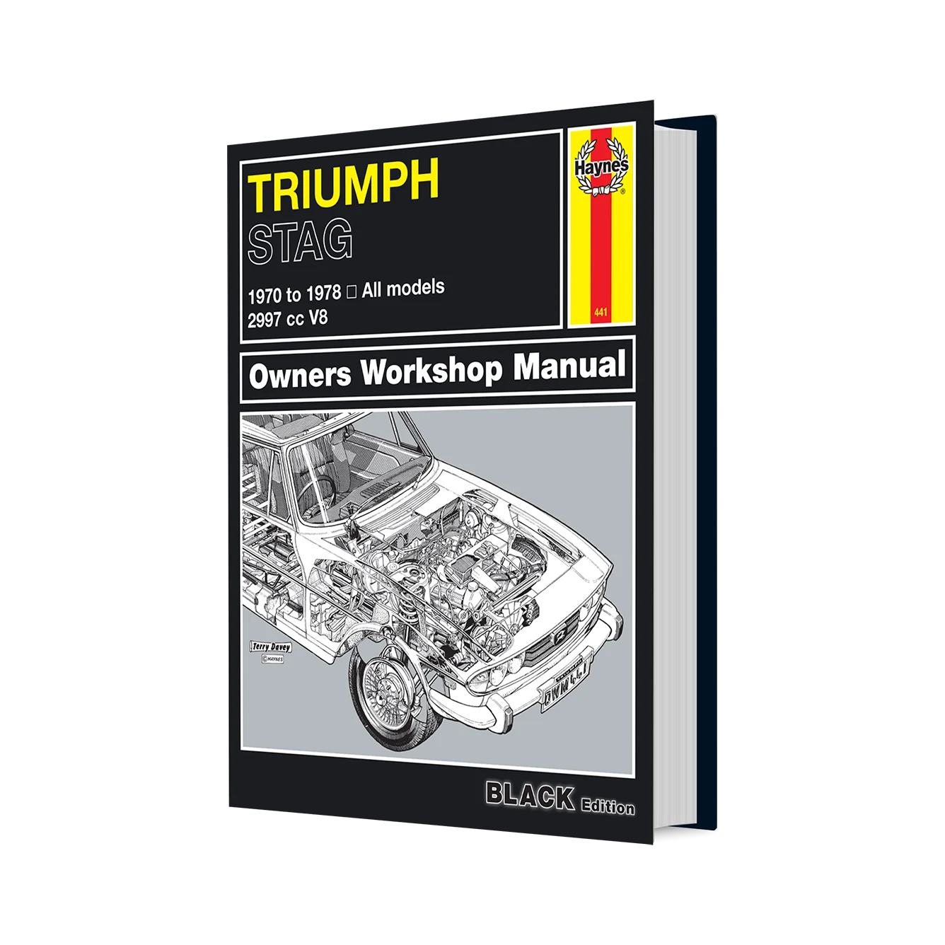 A hardcover book titled 'Triumph Stag Owners Workshop Manual' by Haynes Manuals, shown at a three-quarter angle on a plain white background. The cover is predominantly black with yellow and white text, and a grayscale cutaway illustration of a car engine.