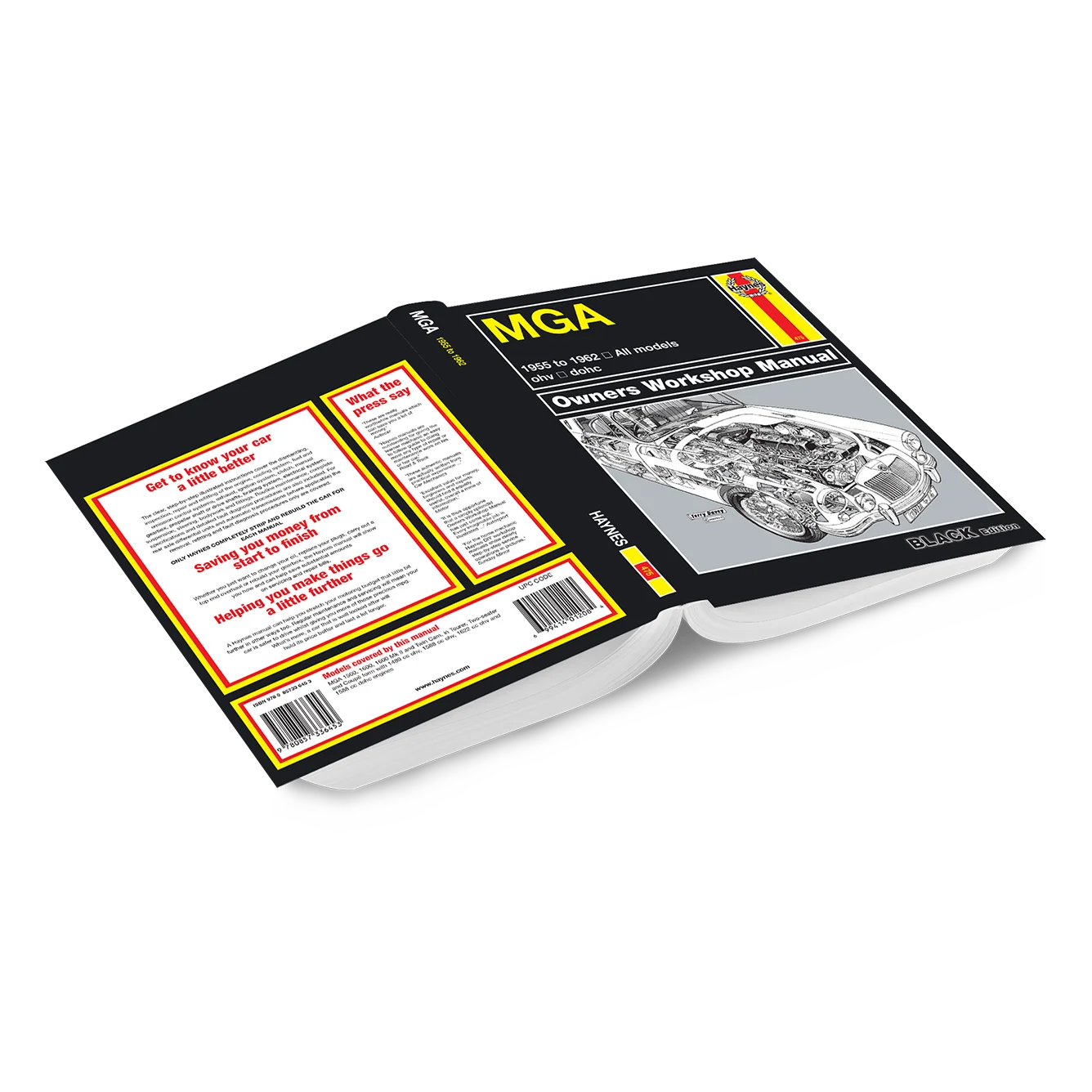 An open hardcover book, the MGA Owners Workshop Manual, shown on a clean white background. The cover is black with yellow and white text, featuring a grayscale engine diagram.