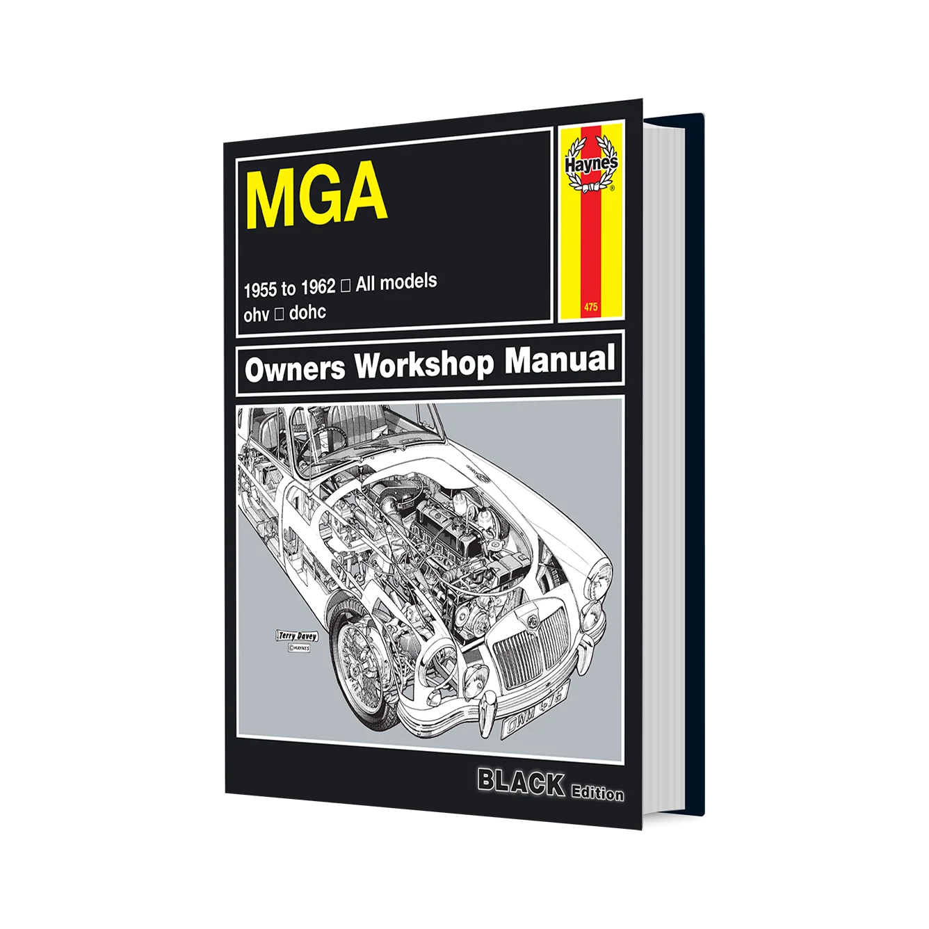 Haynes MGA Owners Workshop Manual book, showing the front cover with a black background, yellow and white text, and a detailed black-and-white cutaway illustration of a car engine, photographed on a white background.
