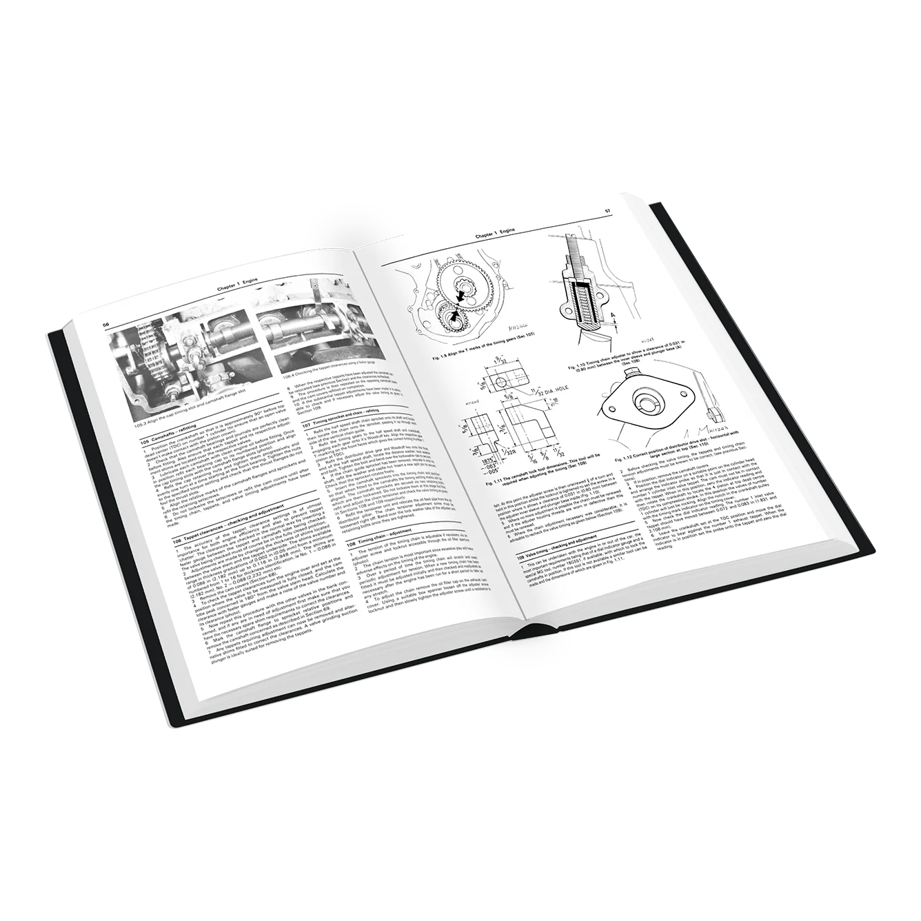 An open hardcover book showing printed technical pages with text, small black-and-white photos, and line drawings of mechanical parts, photographed on a clean white background.