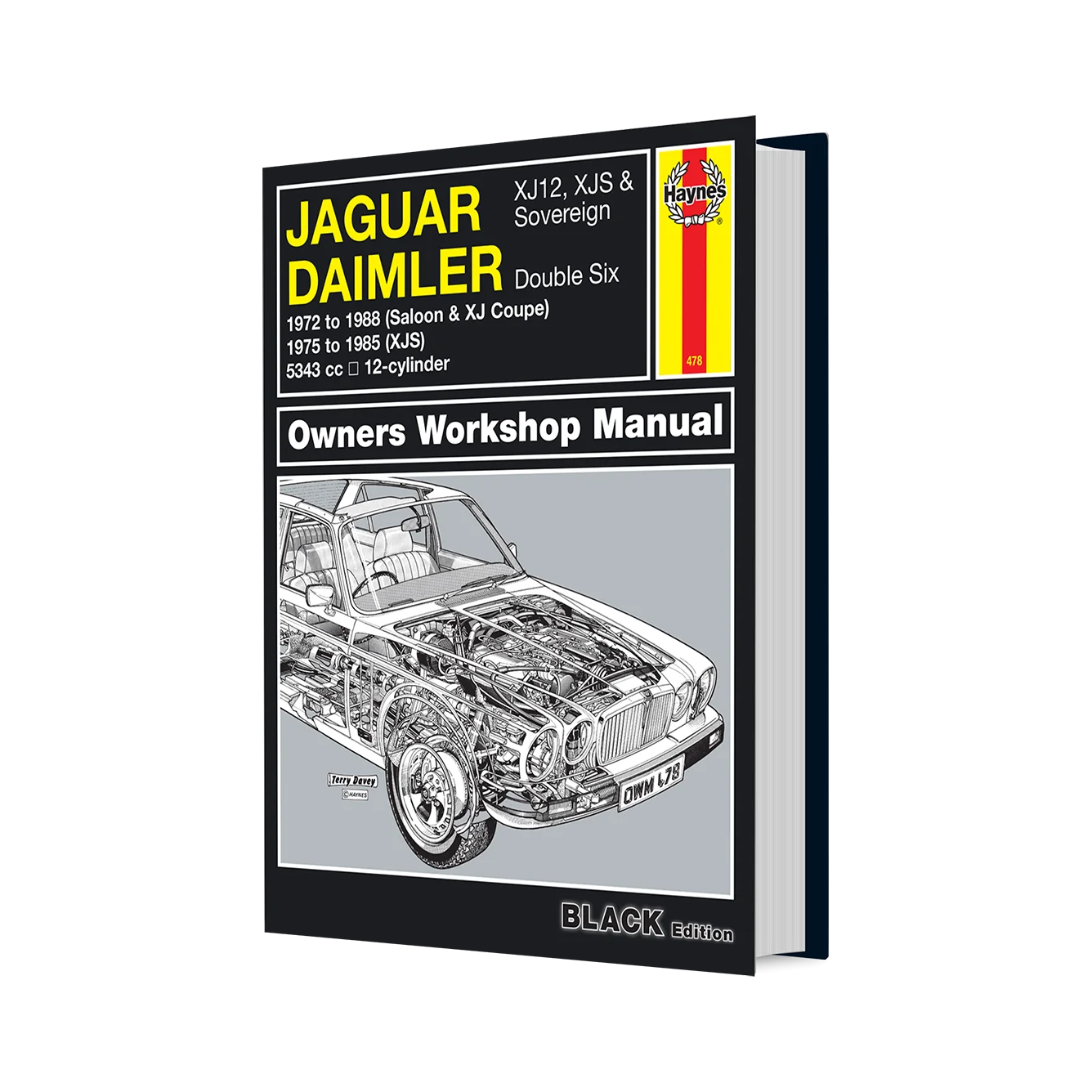 A hardcover book titled 'Jaguar Daimler Double Six Owners Workshop Manual' shown at a slight angle against a plain white background. The cover is predominantly black with a large yellow title block, a small red and yellow Haynes logo, and a grayscale cutaway illustration of a Jaguar Daimler car engine and body on the front.