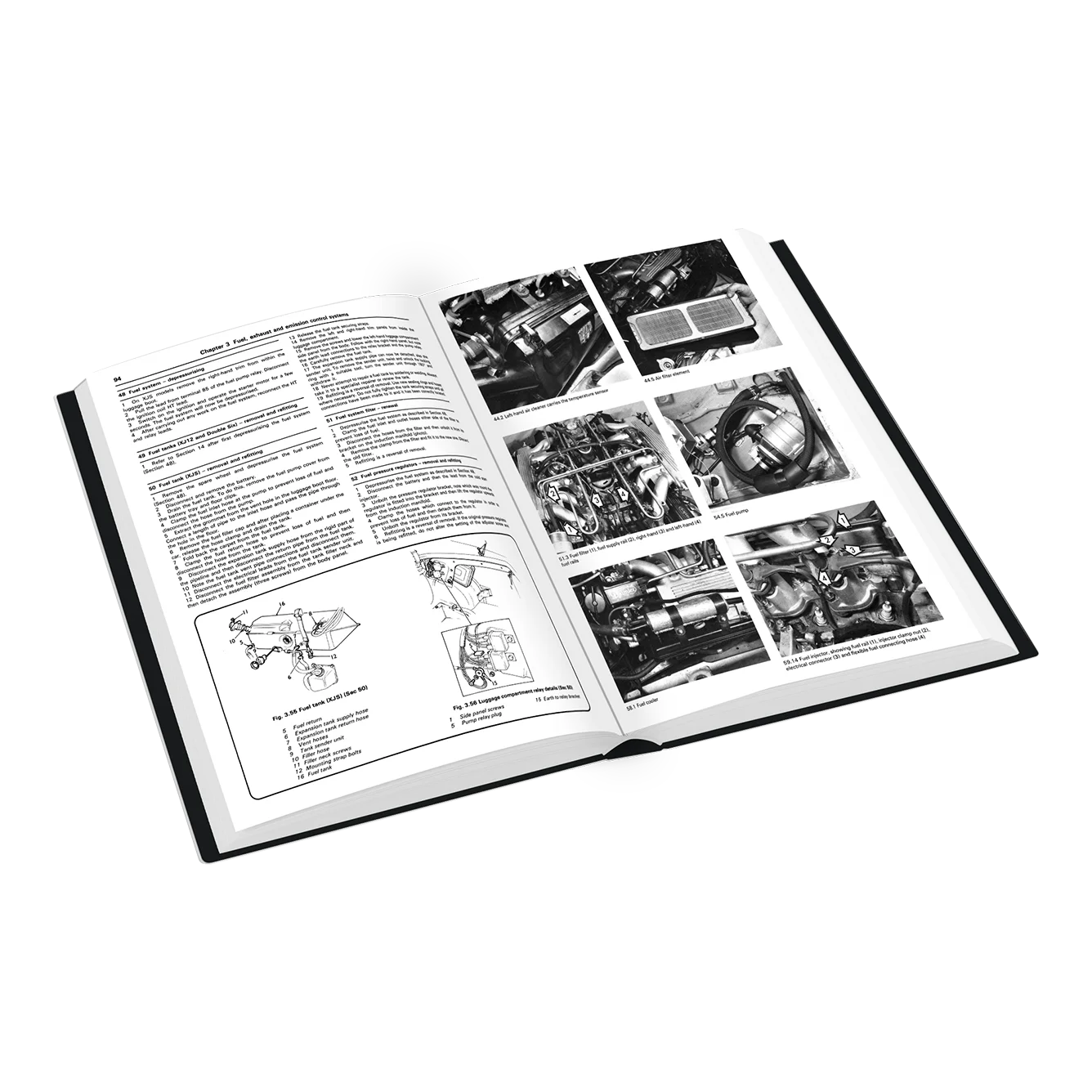 An open hardcover manual or book showing printed instructions and black-and-white photographs of mechanical engine components, photographed on a clean white background.