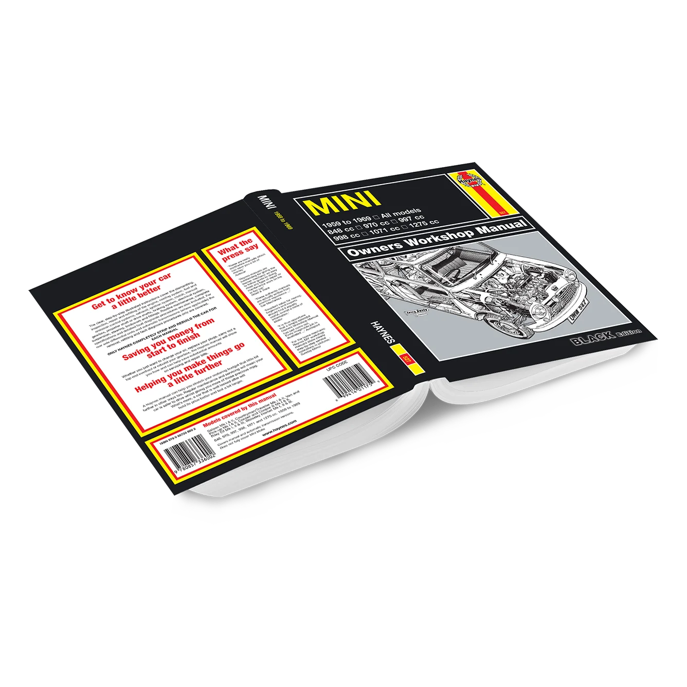 An open hardcover book showing the front cover and back cover of a MINI Owners Workshop Manual, photographed on a clean white background.