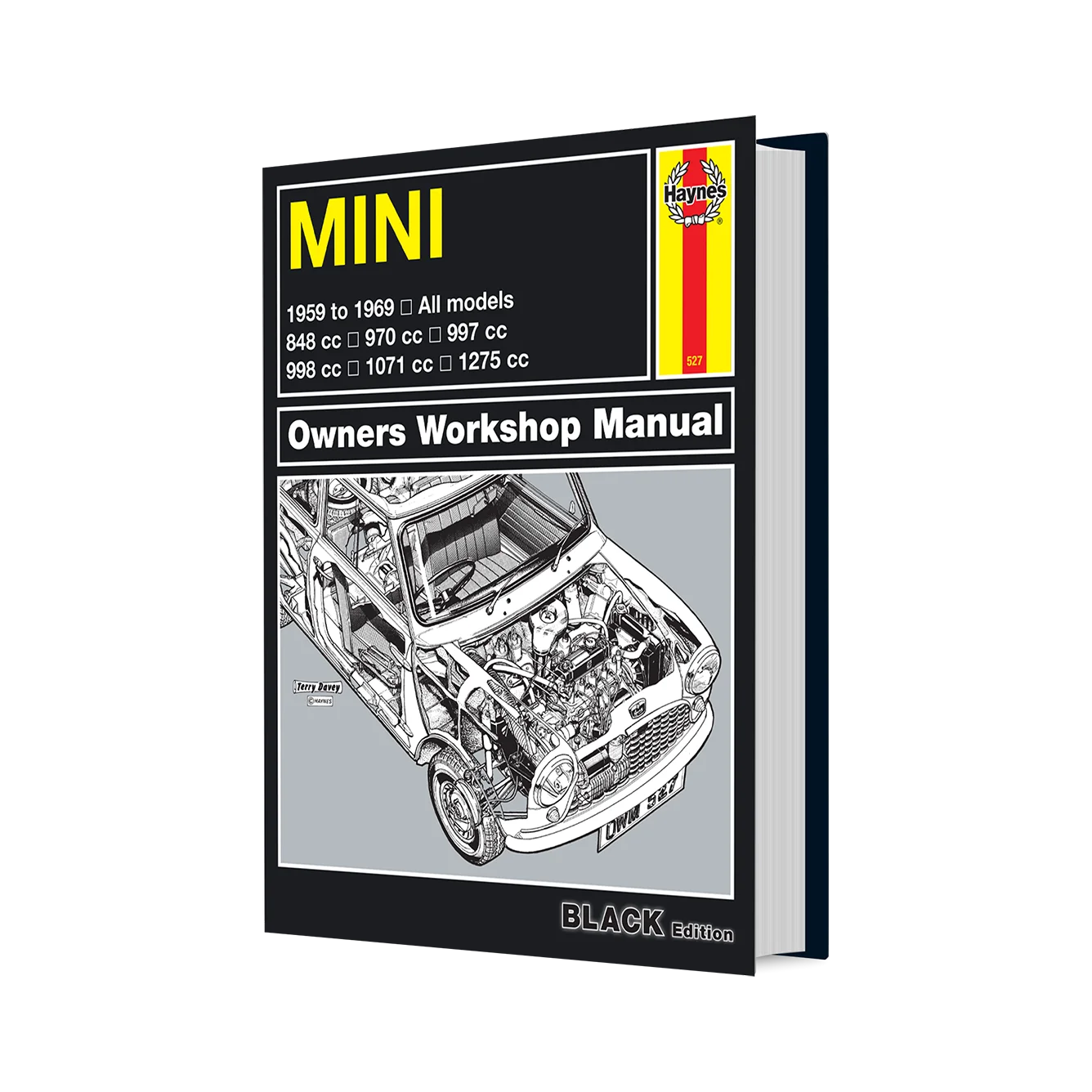 Haynes Mini Owners Workshop Manual book cover shown as a 3D mockup, featuring a black cover with yellow and white text and a cutaway illustration of a Mini car.