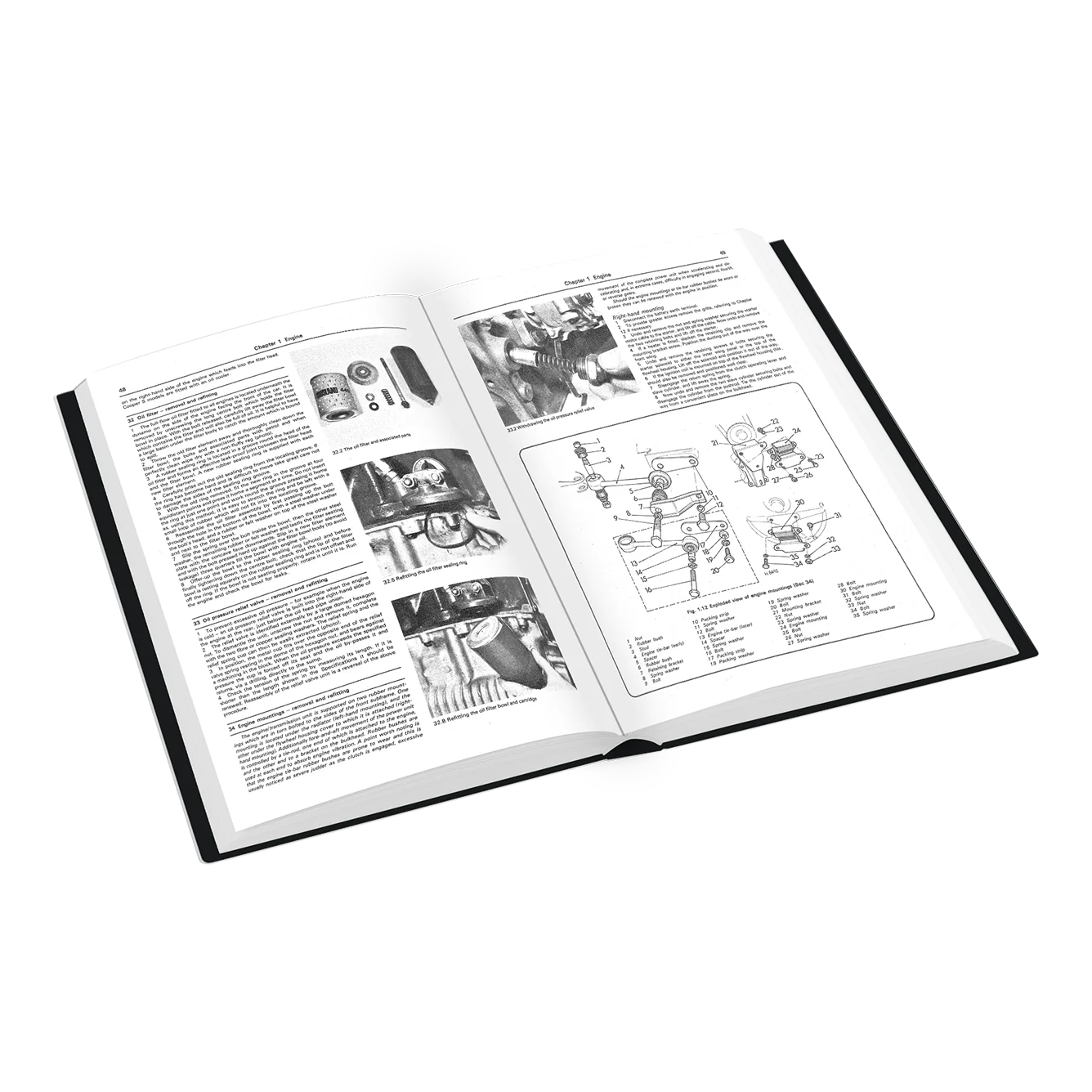 An open hardcover manual or book showing printed instructions, diagrams, and small photographs on white pages, photographed on a clean white background.