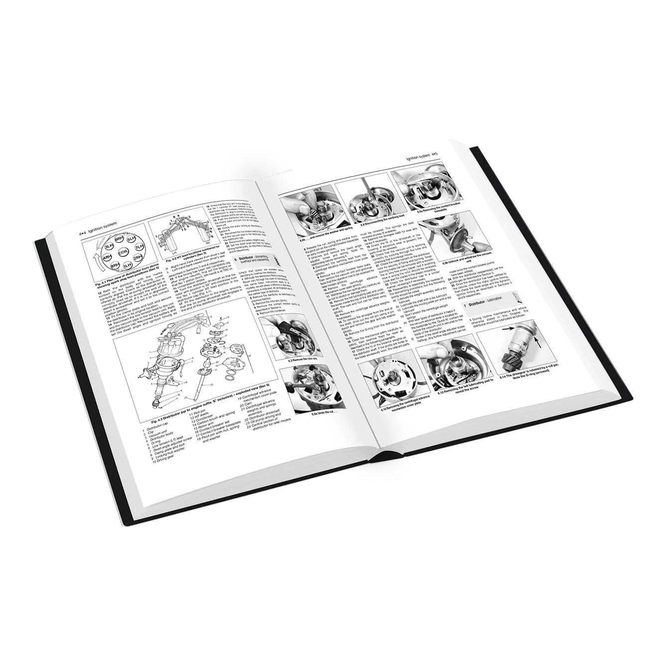 An open black-and-white technical manual or book showing printed diagrams, labels, and small inset photos on both pages, photographed on a clean white background.