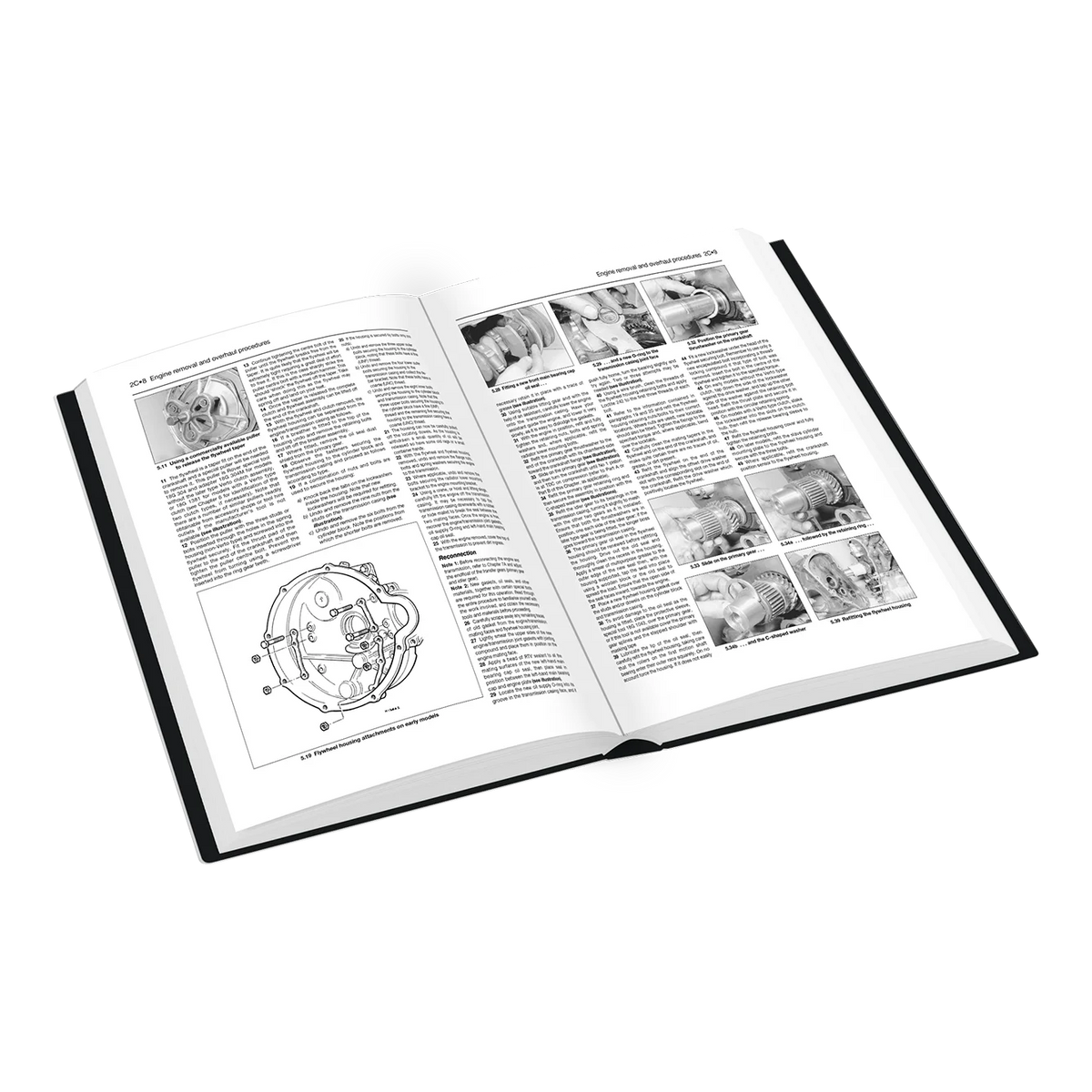 An open hardcover book showing printed technical pages with text, diagrams, and small black-and-white photographs, photographed on a clean white background.