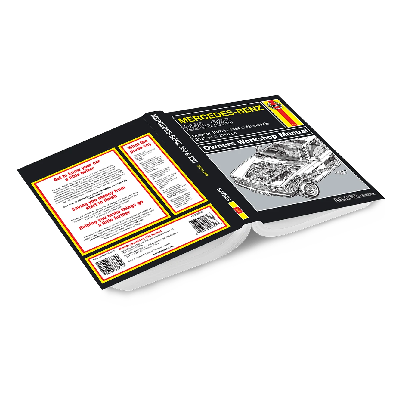 An open hardcover book showing the front cover, interior pages, and back cover of a Mercedes-Benz 200-6 Series 1991 Owners Workshop Manual, photographed on a clean white background.