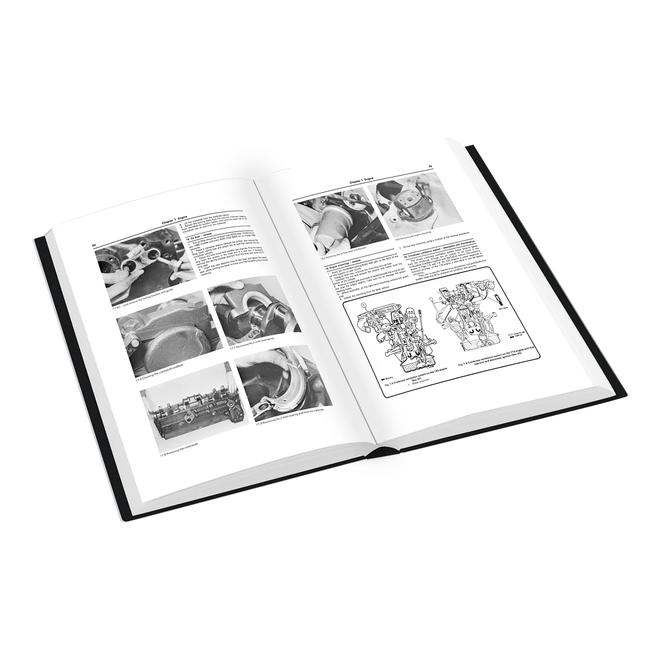 An open hardcover manual or book showing black-and-white technical pages with photos and an engine diagram, photographed on a clean white background.