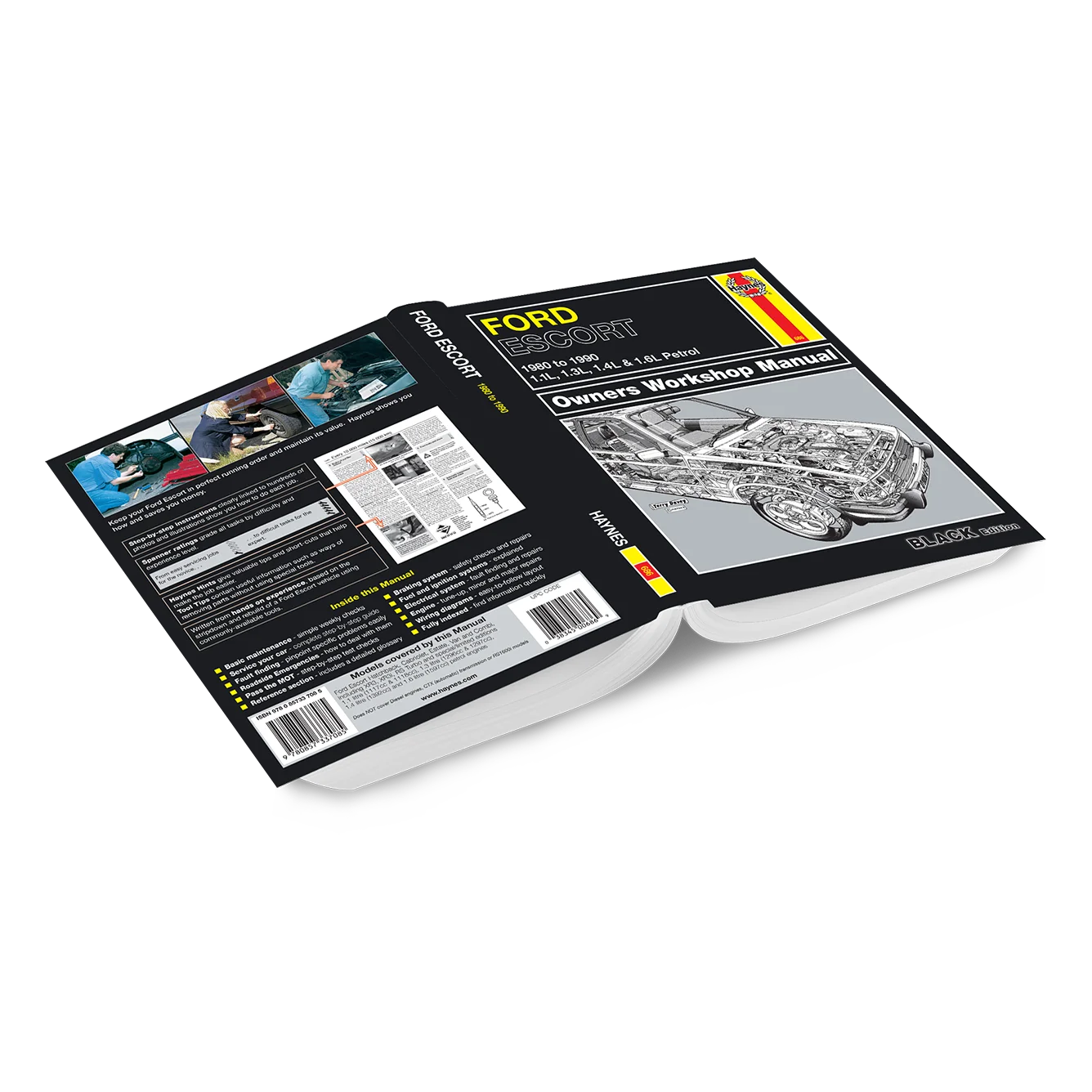 A book shown in a clean studio-style render with the front cover and back cover visible, titled 'Ford Countryman Owner's Workshop Manual.' The cover is predominantly black with yellow, white, and gray printed graphics, including a car cutaway illustration and small Spanish flag accents.