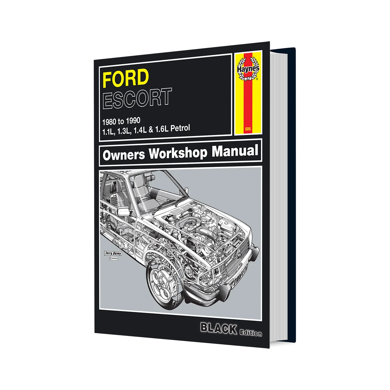 A black Haynes Owners Workshop Manual book for a Ford Escort 1986 to 1990 1.4L, 1.